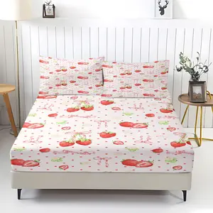 3-Piece Strawberry Patterned Bed Sheet With Comfortable Printed Pattern, Including 1 Bed Sheet And 2 Pillowcases, Comfortable Bedding, Anti Slip Dust Cover Suitable For Bedrooms And Guest Rooms, Suitable As a Gift