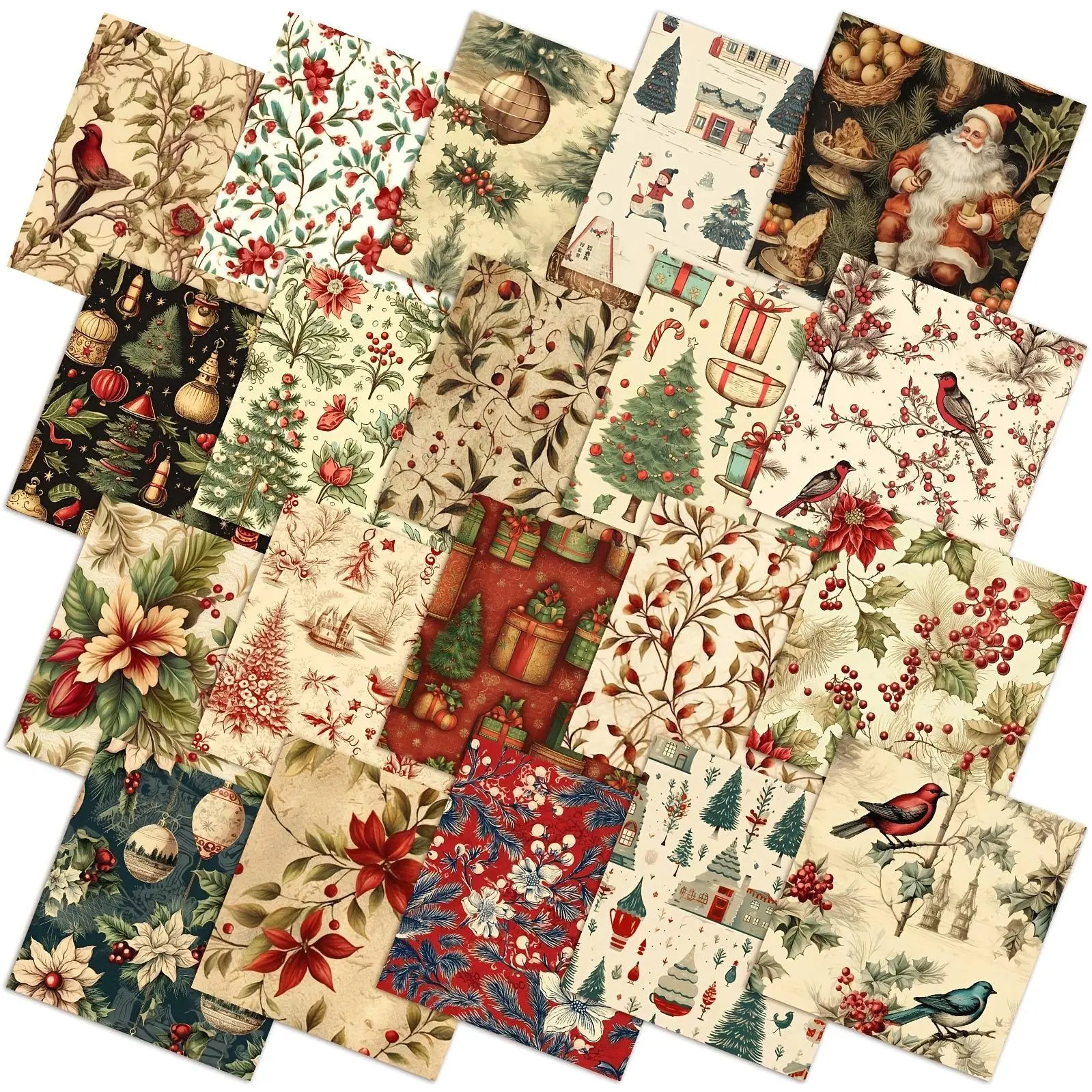60pcs 10x10 in Rustic Xmas Vintage Quilted Fabric Fat Squares, Precut Strips Bundles with Santa Claus-Red Cardinal Designs for Quilting, DIY Craft Sewing Projects