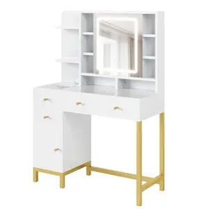 White Makeup Desk Dressing Table with LED Lighted Mirror & Power Outlet, 3 Lighting Colors for Bedroom – Vanity Desk with Mirror and Lights.