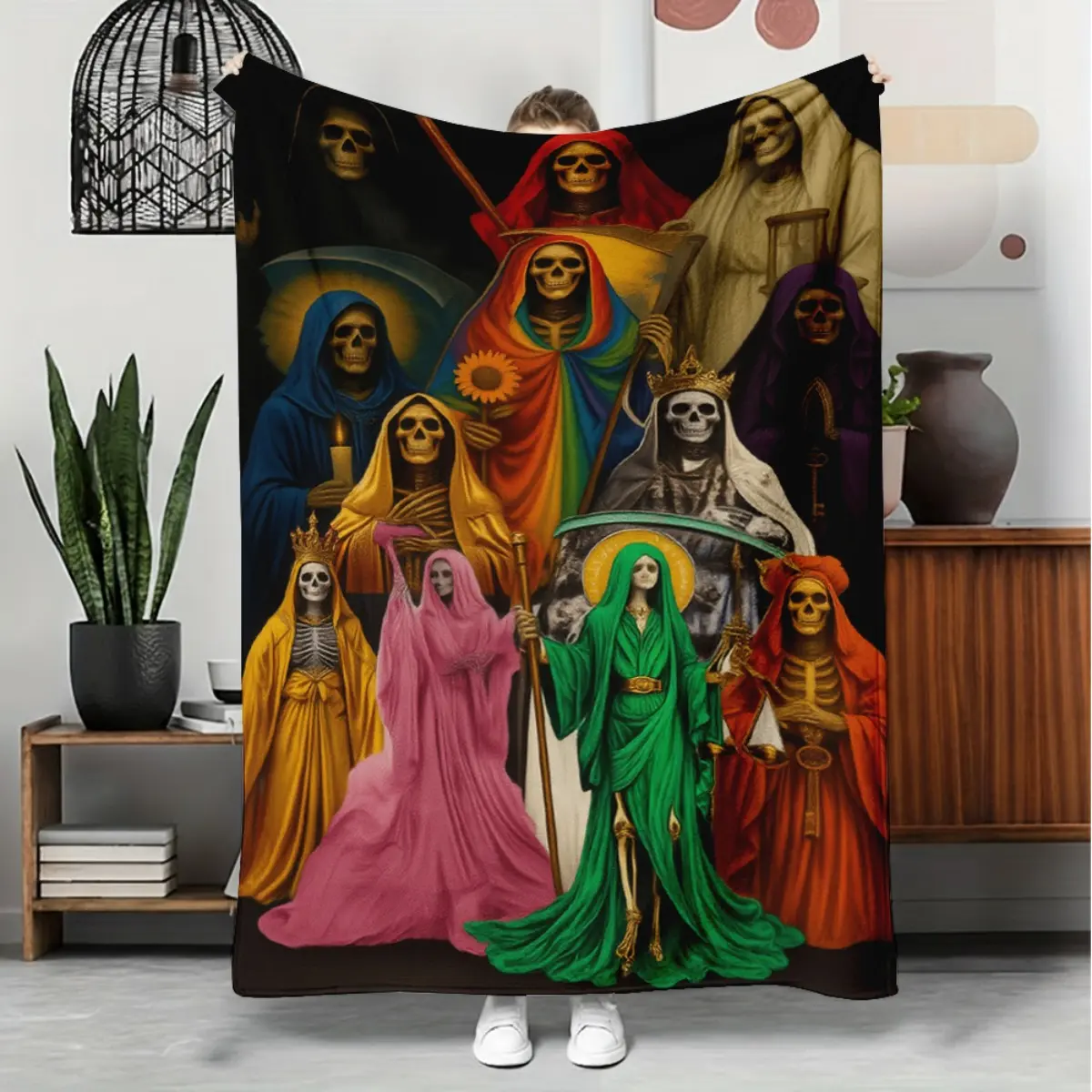 Santa Muerte Theme Digital Print Graphic Throw Blanket - Soft Texture, Fate Pattern, Multi-Size Bed Sofa Blanket, Cozy Bedding Throw, House Decor for Bed Use
