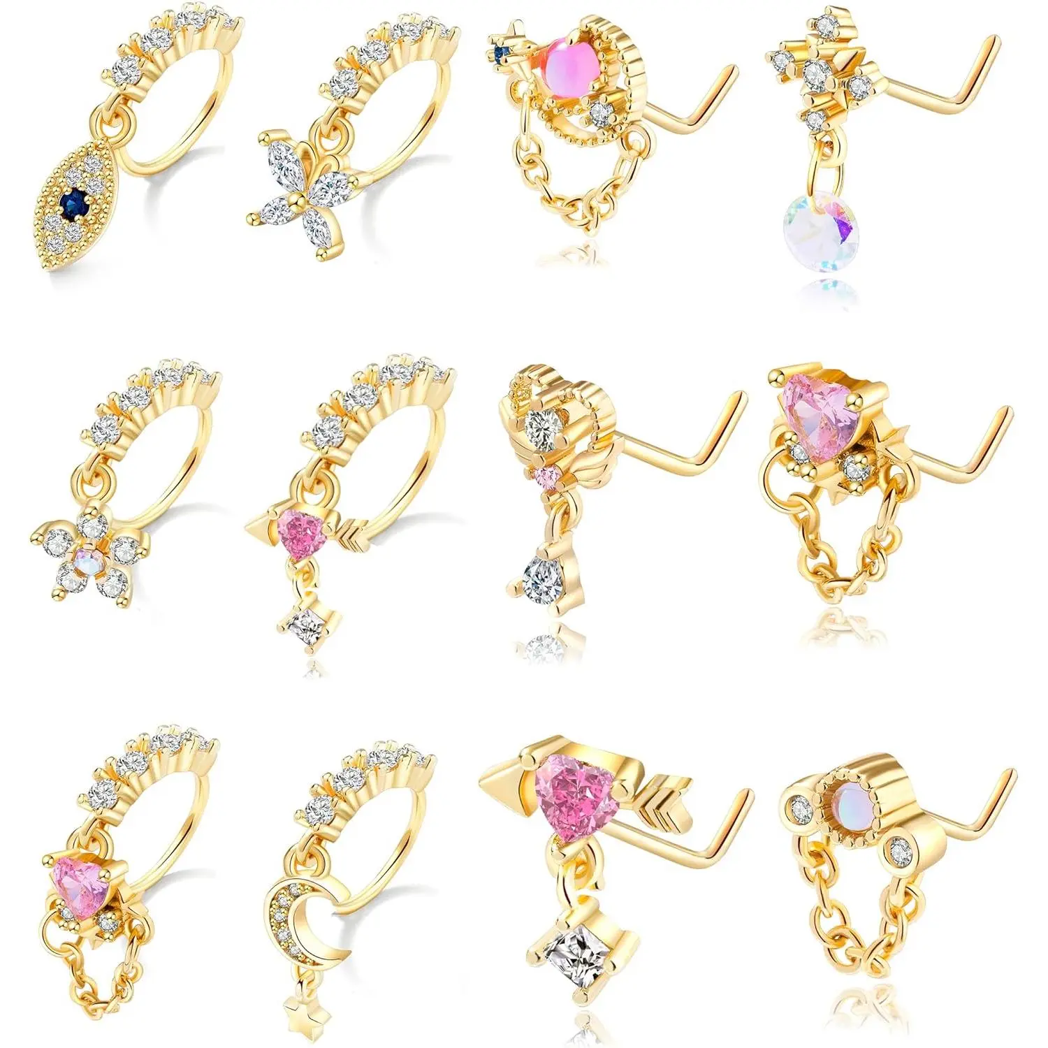 12Pcs 20G Surgical Steel L-Shape Dangle Nose Rings for Women, Hypoallergenic Nickel-Free Septum Jewelry with Flower, Butterfly, Evil Eye, Opal, Cubic Zirconia Pendants