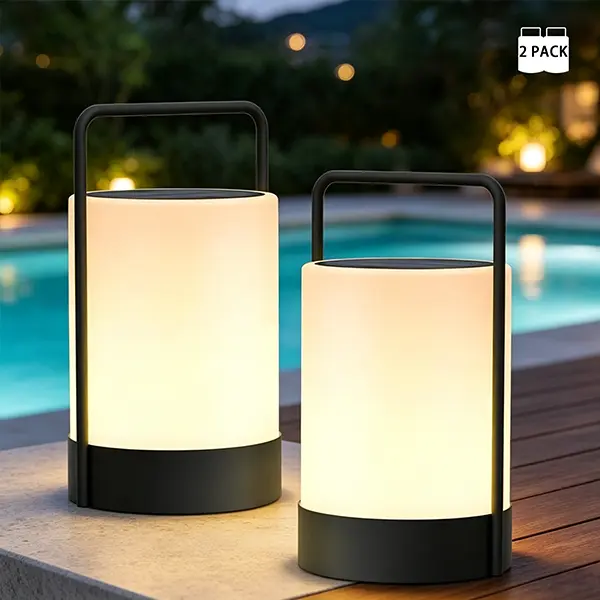 2 Pack Solar Lantern Outdoor Table Lamp Cordless Metal Frame | IP44 Weather Resistant RGB and Warm White 7-15H Battery Life for Indoor Outdoor Patio Camping Restaurant Terrace By the Pool