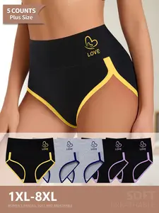 Women's Plus Size Heart Colorblock Underwear Set, High Waist Everyday Comfortable Soft Breathable Triangle Panties, 5 Pack 1xl-5xl