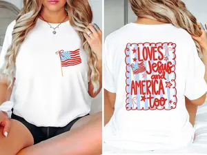 Loves Jesus and America Too Shirt, 4th of July Patriotic Coquette Bow Tee American Flag Shirt USA Preppy Red White Blue Shirt
