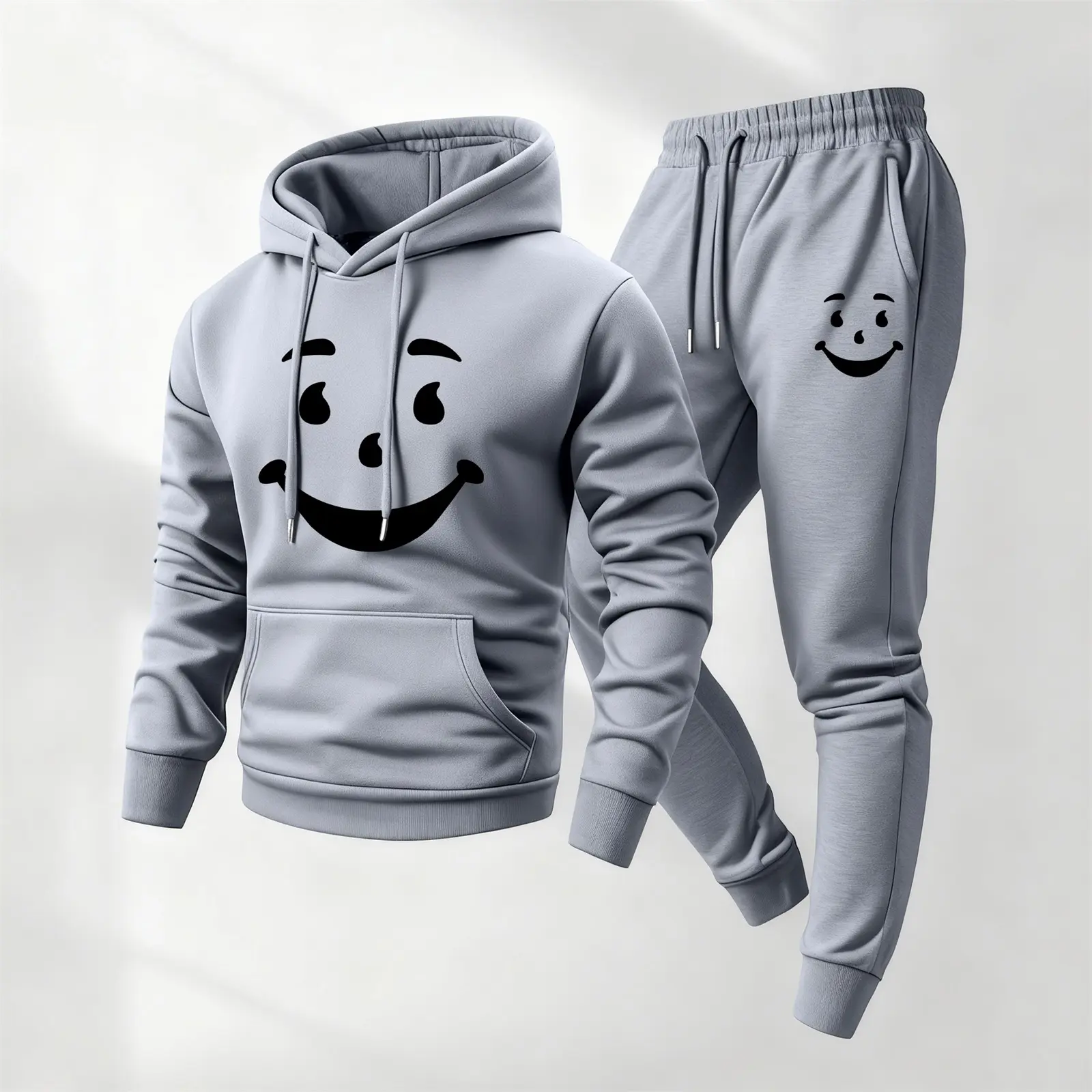 Men's 2-Piece Athletic Activewear Tracksuit - Streetwear Face Print Polyester Hoodie & Sweatpants Set, Loose-Fit for Casual Gym Wear, Athletic Activewear Tracksuits, Streetwear Tracksuit Set