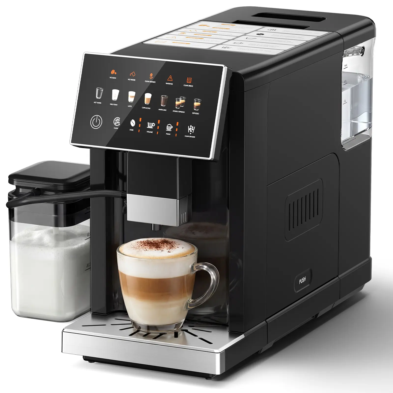 COWSAR Digital All-in-1 Fully Automatic Touchscreen Countertop Coffee Maker Machine - Built-In Conical Grinder, Intelligent Reminder, Removable Brewer, Removable Water Tank, Brews Cappuccino, Latte, Espresso, Kitchen Gadget for Home Coffee Setup (Black),t