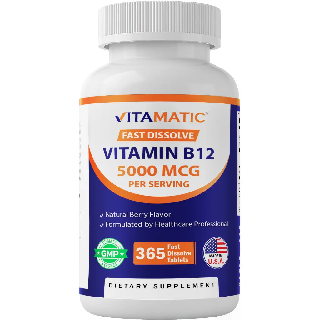 Vitamatic Water-Soluble Edible Vitamin B12 Tablets with Magnesium - 5000 mcg per Serving, Fast Dissolve, Berry Flavor, 365 Tablets, Gluten Free, Supports Energy Metabolism & Red Blood Cells Health