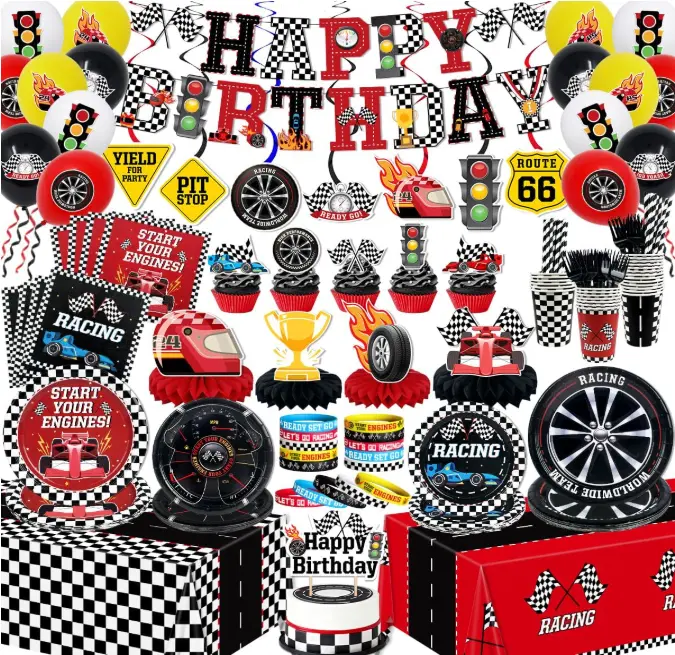 Race Car Birthday Party Decorations Complete Box Set - 26 Pieces Disposable Tableware, Wheel Tire Plates, Napkins, Checkered Tablecloths, Balloons, Banner, Cake Toppers, Honeycombs Centerpieces, Cups & Straws, Checkered Flags for Racing Parties