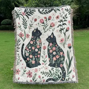 Two flower cats patterned Bohemian-style jacquard tassel blanket, Throw blanket, Thick Breathable Yarn with Tassels for Home Decor, Sofa, Couch, Tablecloth, Picnic, No Faded, No Pilling