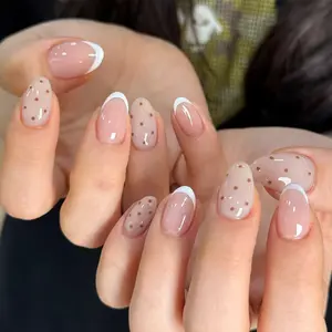 24pcs Short Oval Cute Cartoon Polka Dot Design French Acrylic False Nails Set, Includes Jelly Glue and Nail File, Perfect for Women and Girls