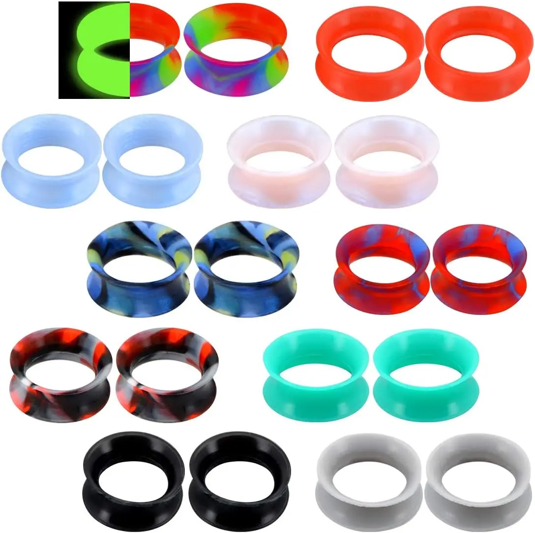 20-Piece Thin Silicone Tunnels Kit, Flexible Double Flared Ear Gauges & Plugs, Body Piercing Jewelry, Sizes 2g to 1 Inch, Silicone Ear Plugs, 2G-11/16", 20 Pcs, 2G(6Mm), Gauge Ear Plugs
