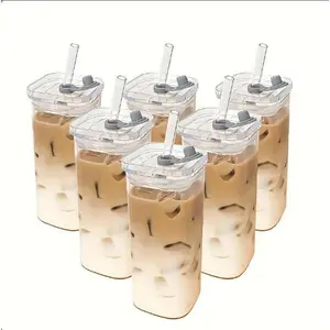 Square Iced Coffee Glass Cups 8 Pack – 380ml Clear Drinkware with Lid and Straw, Cute Beverage Glasses for Juice, Tea & Milk