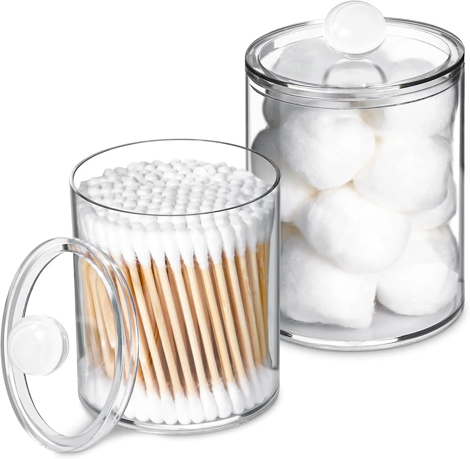 2-Pack Bathroom Organizer Storage Jar Set - Home Supplies Apothecary Jars with Easy-Gripping Round Lids, Hygienic Seal, 10oz & 12oz Plastic Small Item Holders for Cotton Swabs, Balls, Pads, Floss Picks Fit, Vanity, Bathrooms, Two Pieces, Durable Drop