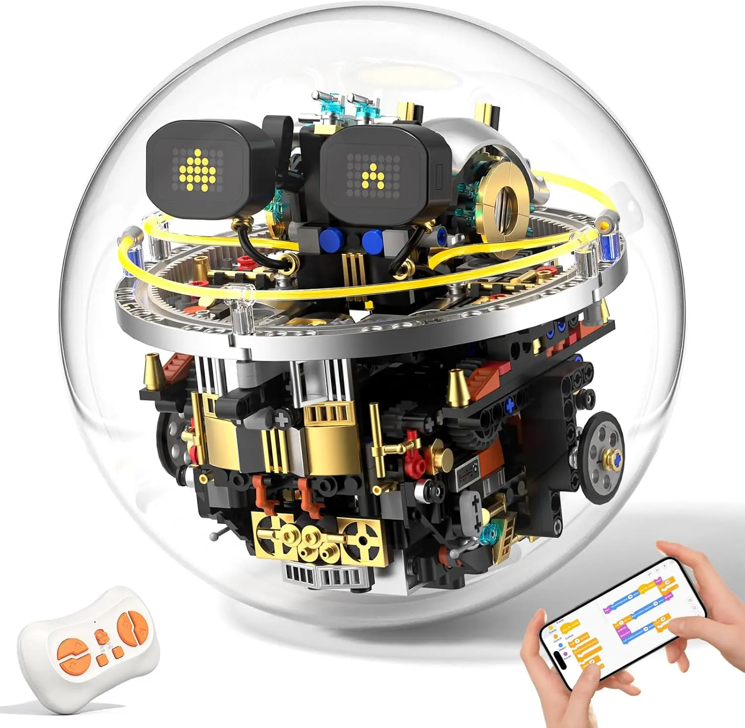 Transparent Spherical Assembly Blocks Set - STEM Building Toys for Ages 8-13, Programmable Remote & Voice Control, LED Expression Display, 9-Color Mood Lighting, Custom Path Coding, Critical Thinking Development, Holiday/Birthday Gifts, Electronic Build S
