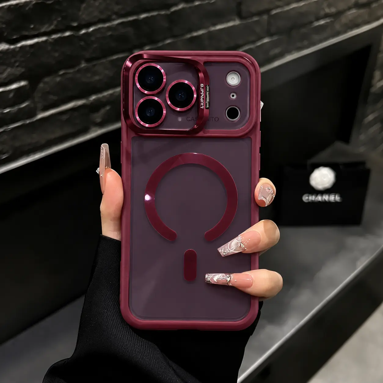 Burgundy Magnetic Mobile Phone Case For iPhone 18 Pro Max 17 16 15 14 13 12,Lens Protector & Built-in Metal Camera Ring Stand,Compatible with MagSafe,Military Grade Drop Shockproof Protectiv Transparent Cover