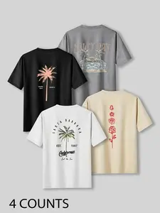 Men's 4-Pack Y2K Aesthetic Graphic T-Shirts - Loose Fit Crewneck Tees, Ultra Soft Moisture Wicking Fabric, Rose & Coconut Tree Print, Versatile Streetwear Tops for Casual, Workout, Vacation, Daily Outfits