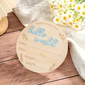 Wooden Hello World Milestone Birth Announcement Sign, Wooden Letter Sign, Engraved Growth Plaque for Kids, Round Wooden Decorative Board, Perfect Gift Idea