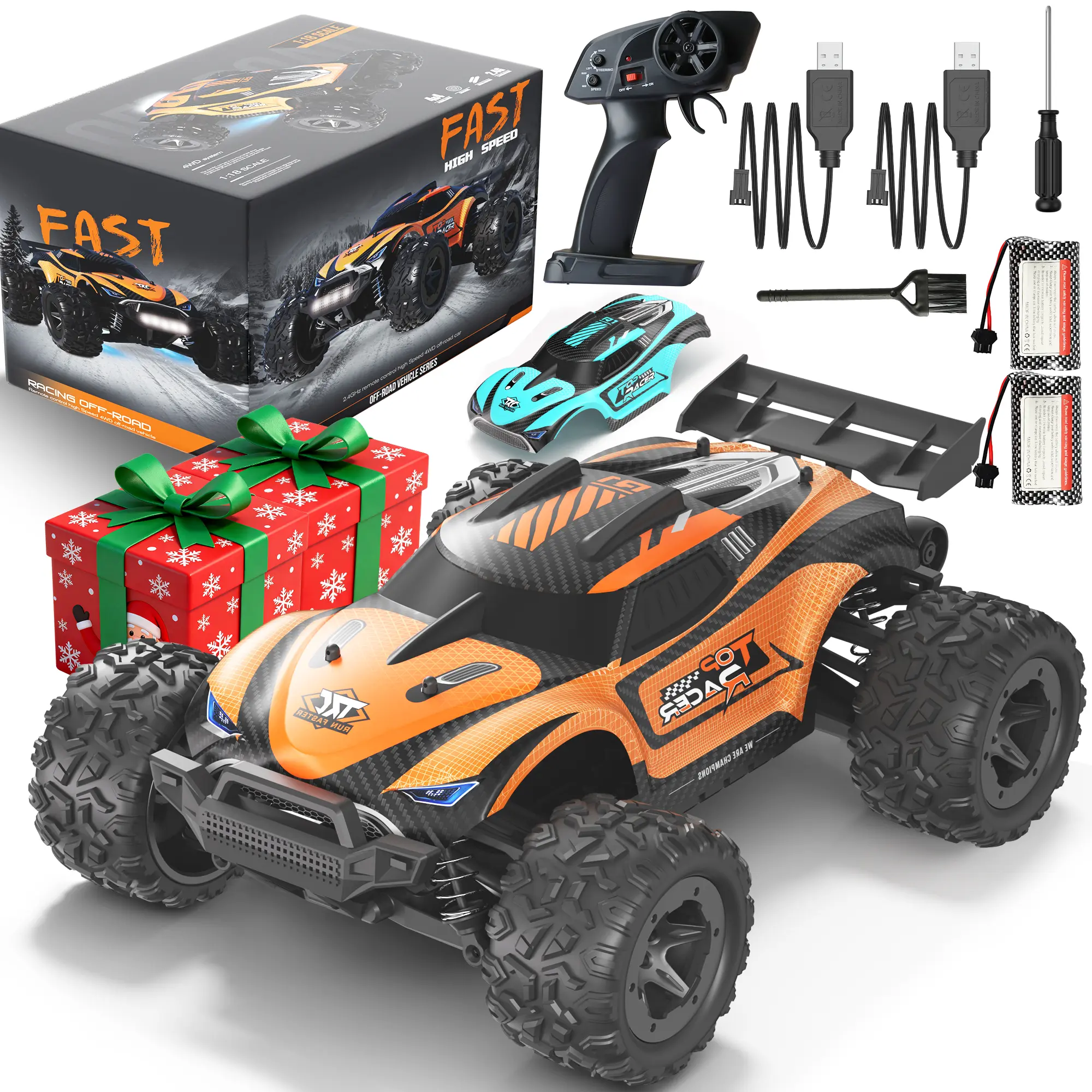 High Speed 1:18 RC Car - 2.4GHz 2WD All Terrain Electric RC Car with 2 Rechargeable Batteries, Dual Shells, LED Lights - Ideal Christmas, Birthday Gift for Kids & Adults, Rc Cars
