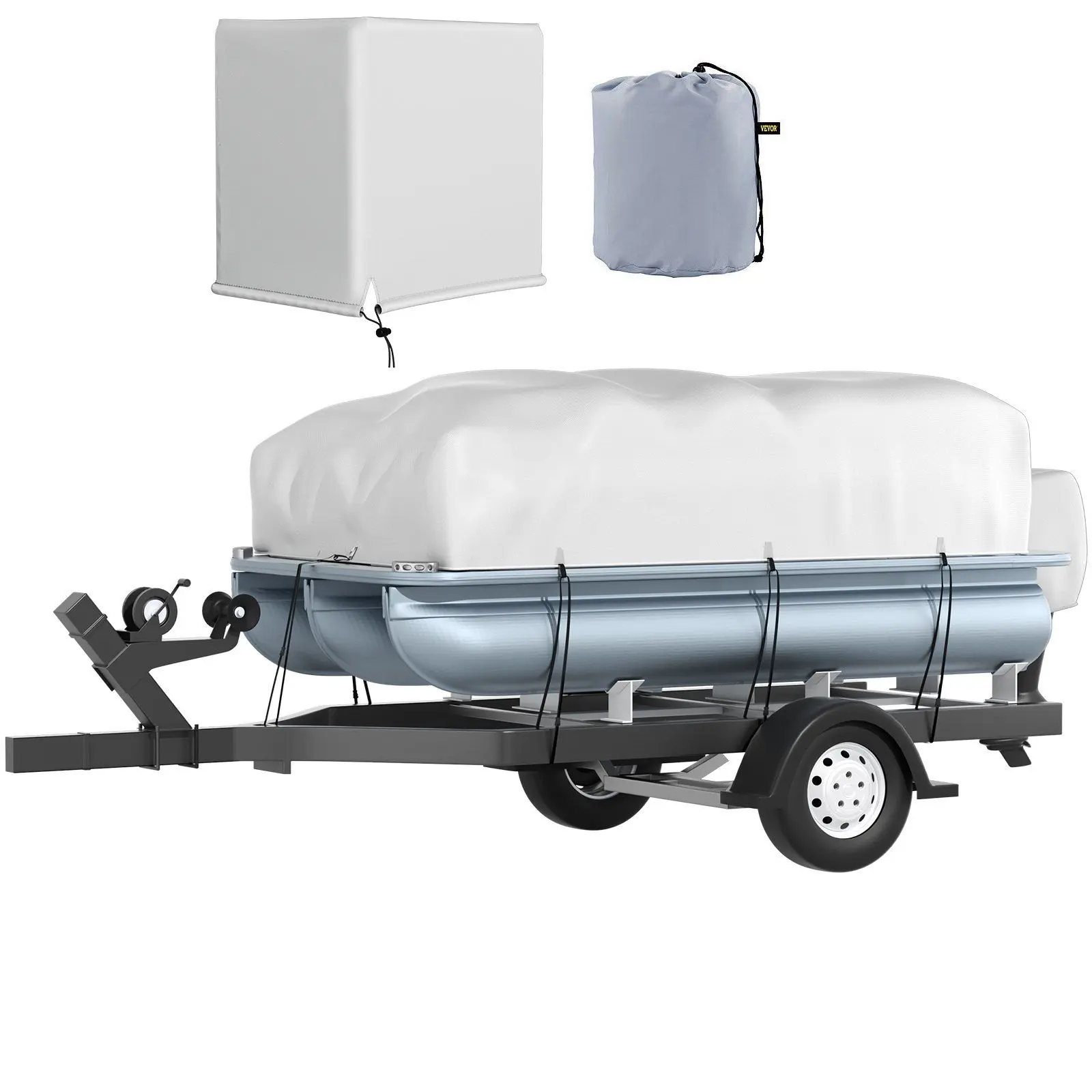 VEVOR Pontoon Boat Cover, Fit for 17'-20' Boat, Heavy Duty 600D Marine Grade Oxford Fabric, UV Resistant Waterproof Trailerable Boat Cover w/ 7 Wind-Proof Straps, Gray