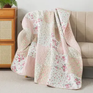 Blush Bloom Quilted Throw Blanket - 50" x 60":  Cotton Floral Quilt in Blush and , Roses Patchwork Lap Quilt