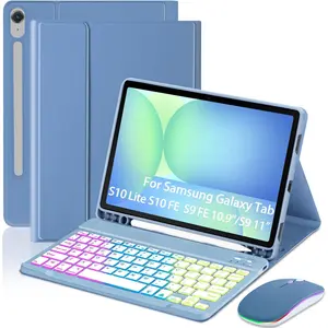 Case with Keyboard  for  Galaxy Tab S10 Lite/S10 FE 5G/S9 FE 10.9 Inch/S9 11 Inch,7 Color Rainbow Backlit Detachable USB-C Keypad  Cover with Pencil Holder Blue