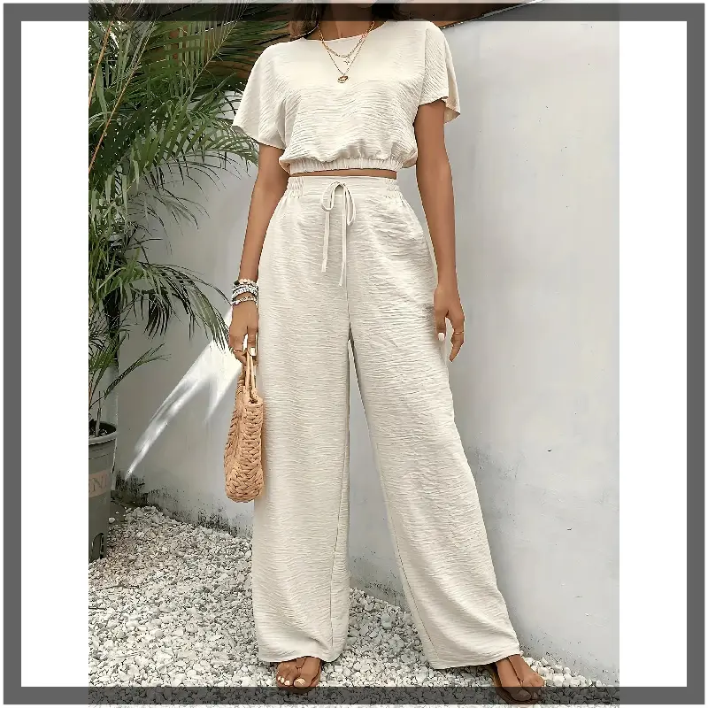 [Mint Green Jumpsuit] Women's Light Mint Green Batwing Sleeve Cropped Top & High-Waisted Drawstring Jumpsuit - Casual Spring/Summer Outfit with Tie Waist, Non-Stretch Fabric, and Decorative Buttons