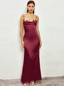 Floral Embroidery Appliques Backless Ruched Satin Cami Long Dress, Fashionable Elegant Date Hip Long Dress SpringStatements