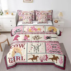 7Pcs Western Bedding Pink Cow Print Comforter Set,with Sheets,Western Cowgirl Bedroom Comforter with Throw Pillow Covers,Cow Girl Hat Boots Pattern Bed Set with Pillowcases