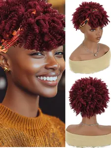 Curly Wigs for Women, Headband Wigs with Bangs, Synthetic Short Afro Kinky Curly Wig, Drawstring High Afro Puff Curly Wig Turban