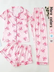 Women's Bow Print Pajama Set, All Over Print Top & Shorts & Pants PJ Set, Casual Comfy Loungewear Nightwear Pyjama Set for Women Sleepwear Pajamas Printed Pajama Set