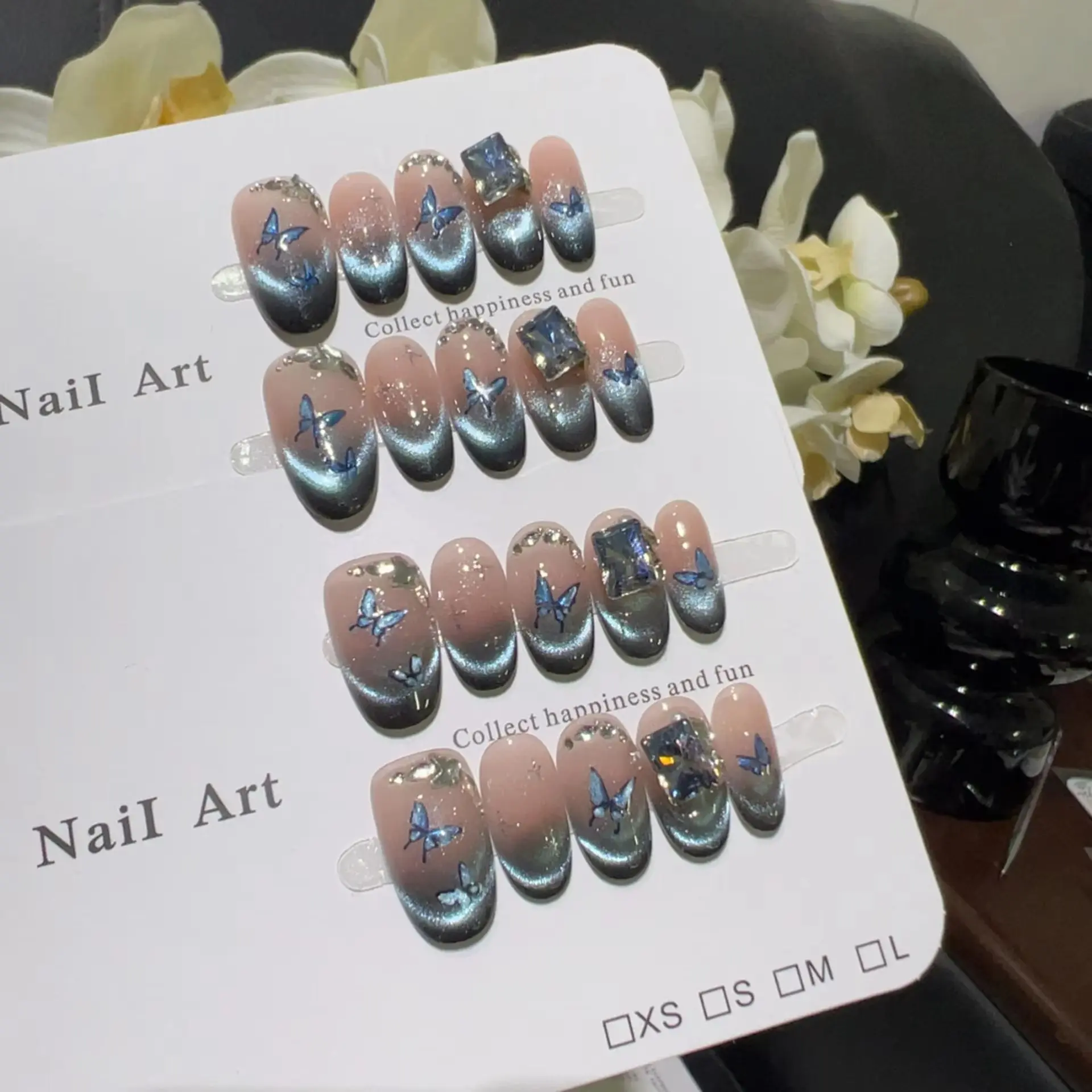 10pcs high-end Gradient pinkish blue handmade Press On French Tip Nails, Blue butterfly nail art handmade fake nails, Glossy Finish, Glitter Nails, Decorative Nails