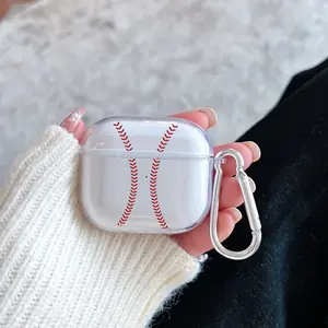 Baseball Pattern TPU Soft Protective Case for Apple AirPods 4/3/2/1/Pro/Pro2 Transparent Earphone Cover with Keychain Attachment