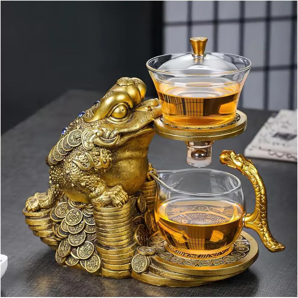 Golden Cicada Shaped Magnetic Glass Teapot with Dragon Handle - Semi-Automatic, Magnetic Base, Lazy Drip Function, Steel Beads, Detachable Design, Smooth Water Discharge, Golden Toad Sculpture Tea Set for Family Home Afternoon Tea, Housewarming Gift, Stai