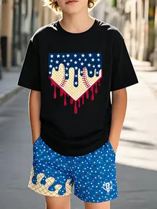 Boys' American Flag Heart Baseball Print Short Sleeve T-Shirt + Ice Cream Print Shorts Set, Summer Casual Breathable Two-Piece