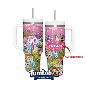 Custom Name Retro 90s Cartoon 40oz Tumbler With Handle And Straw, Vintage Nostalgia Insulated Travel Mug
