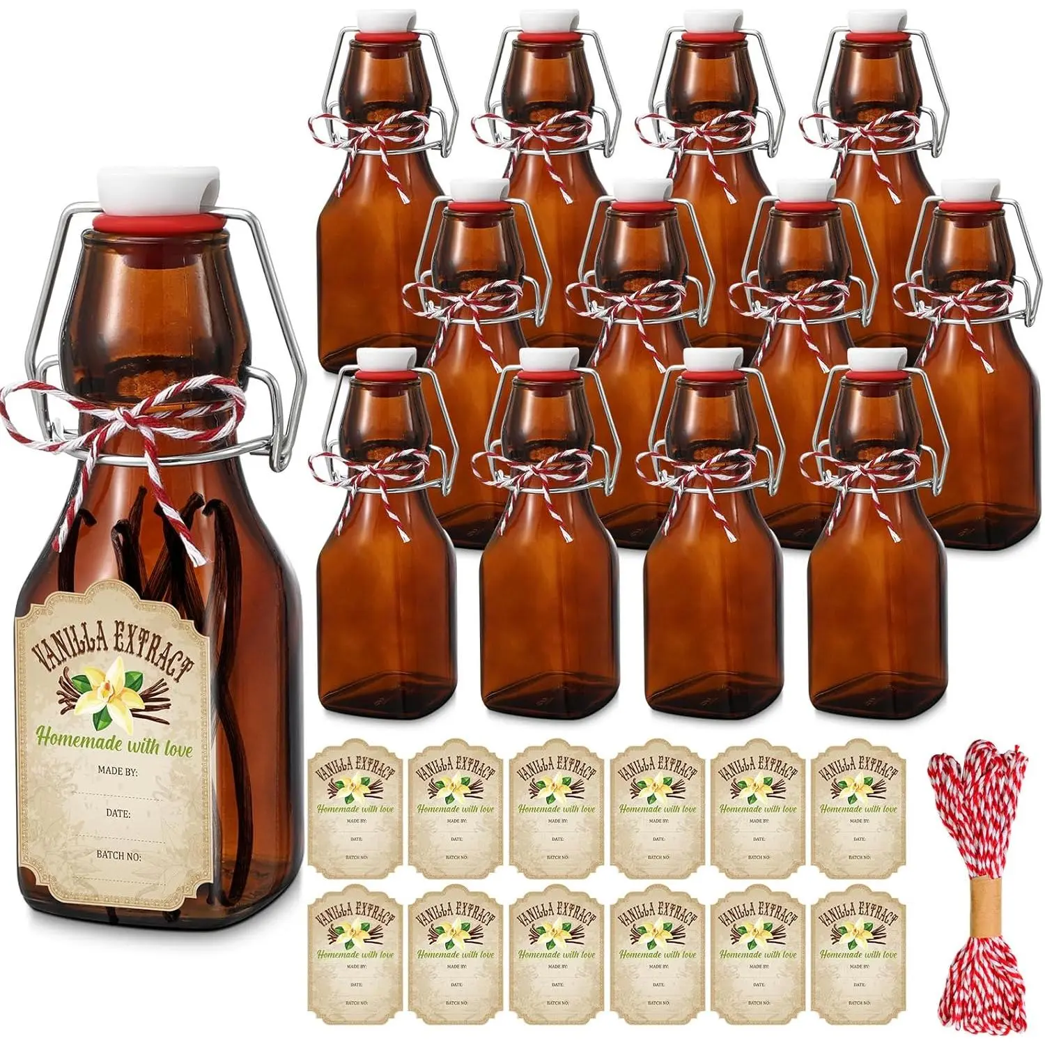 12 count 4 oz  Swing Top brown Square Glass Bottles for Vanilla Extract with Caps and Cotton Twines Label Flip Top Glass Bottle for  Vanilla Brew Oil