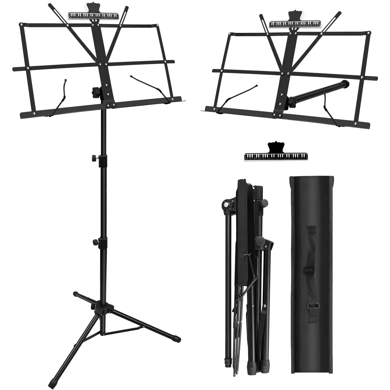 Foldable Floor Music Stand (1 Pack Black, 2/4/8 Pack Options) for Bands & Schools, 1-Sheet Capacity with Sheet Music Clip Holder, Stable Tripod Base, Carry Bag, 1.6lb Ultra-Light, Folds Compactly, Dual-Use Mode