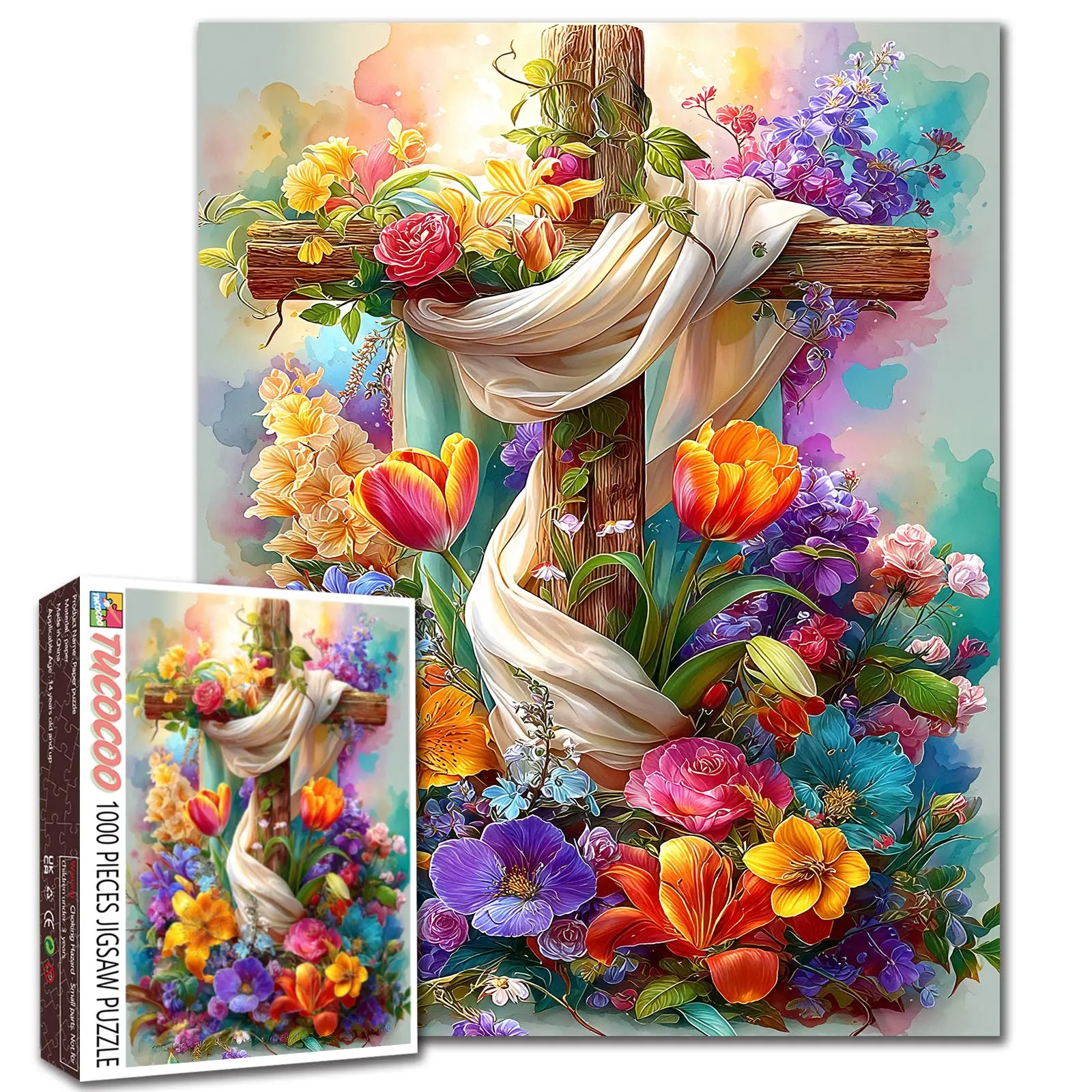 Tucocoo Floral Cross Christian 1000 Pieces Jigsaw Puzzle Wooden Cross Blooming Spring Flowers Faith Inspired Artwork for Adults, Family Game Night, Stress Relief, Brain Challenge, Wall Decor Gift for Christians, 27.5x20inch(70x50cm)