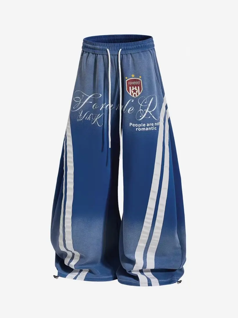 Inflation Pants Men Women Gradient Washed Crest Embroidery Side Stripes Elastic Waist Adjustable Hem Wide Leg Streetwear Sweatpants