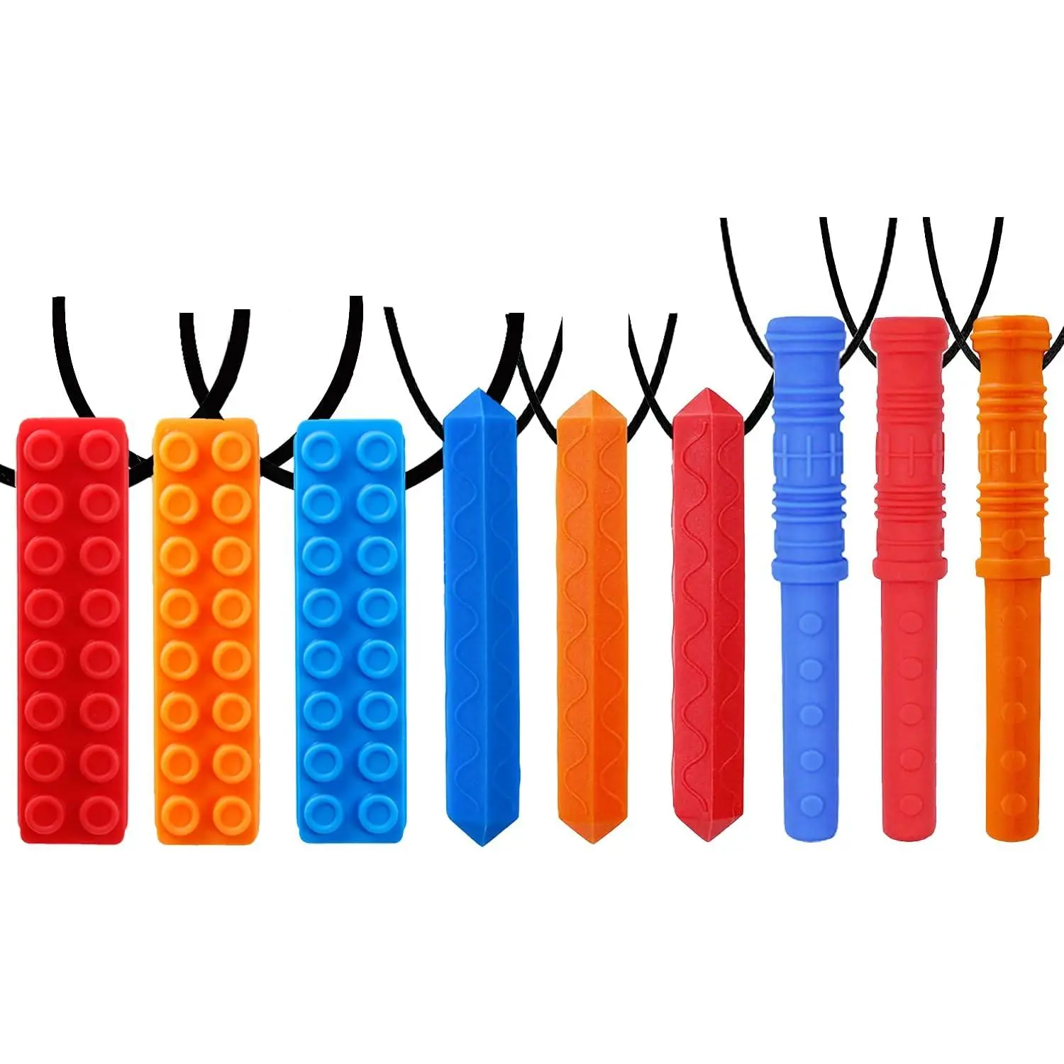 L-NKL003 Sensory Chew Necklace 9-Pack(3-Pack Blocks 3-Pack Cylinder and 3-Pack Rhombus Blocks) - Perfect for Autistic, ADHD, SPD, Occral Motor Boys and Girls (Tough, Long-Lasting)