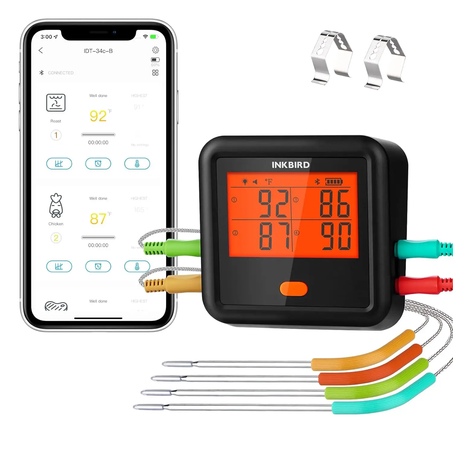 INKBIRD Wireless 4-Probe Bluetooth Smart Food Thermometer - Modern LCD Display, Kitchen Gadgets with APP Timer, Ideal for Grilling, Cooking