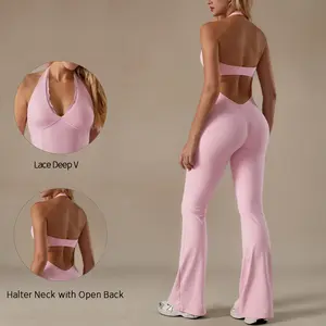 TIMEOFF Women's Backless Halter Sporty Jumpsuit - Soft Stretch Moisture-Wicking Fabric, Athletic Style Activewear Clothing, Workout Outfit for Yoga & Gym, Backless Sports Jumpsuit