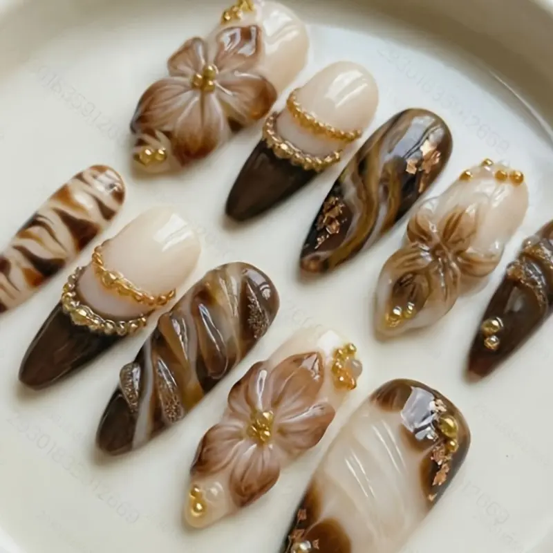 Elegant Y2K False Nails Fake Nail Tips Almond Nail Tips Long 10pcs, Handmade Press Ons Full Coverage Nail Art, Reusable Gothic Halloween Christmas Manicure Set