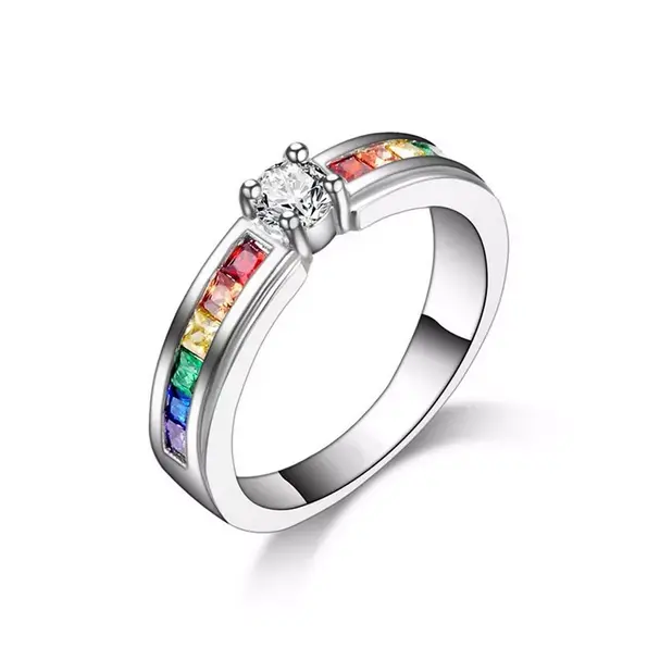 Quality Sterling Silver Plated Rainbow Pride Zirconia Ring (Size 5-13)