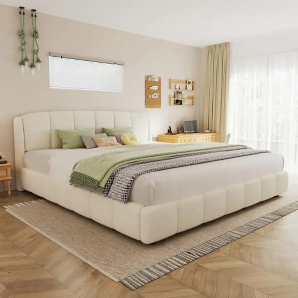 Bellemave  King Size Platform Bed with Boucle Fabric, Soft Boucle Fabric Upholstered Platform bed with Curve-Shaped Design Headboard, Beige, Easy Assembly