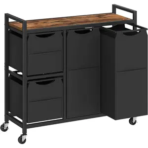 Laundry Sorter with 4 Section, 34 Gal.(127 L) Laundry Hamper with Wheels, Rolling Laundry Basket with Shelf, Pull-Out Detachable Bags, Side Pockets, Rustic Brown and Black BF14XY01N1