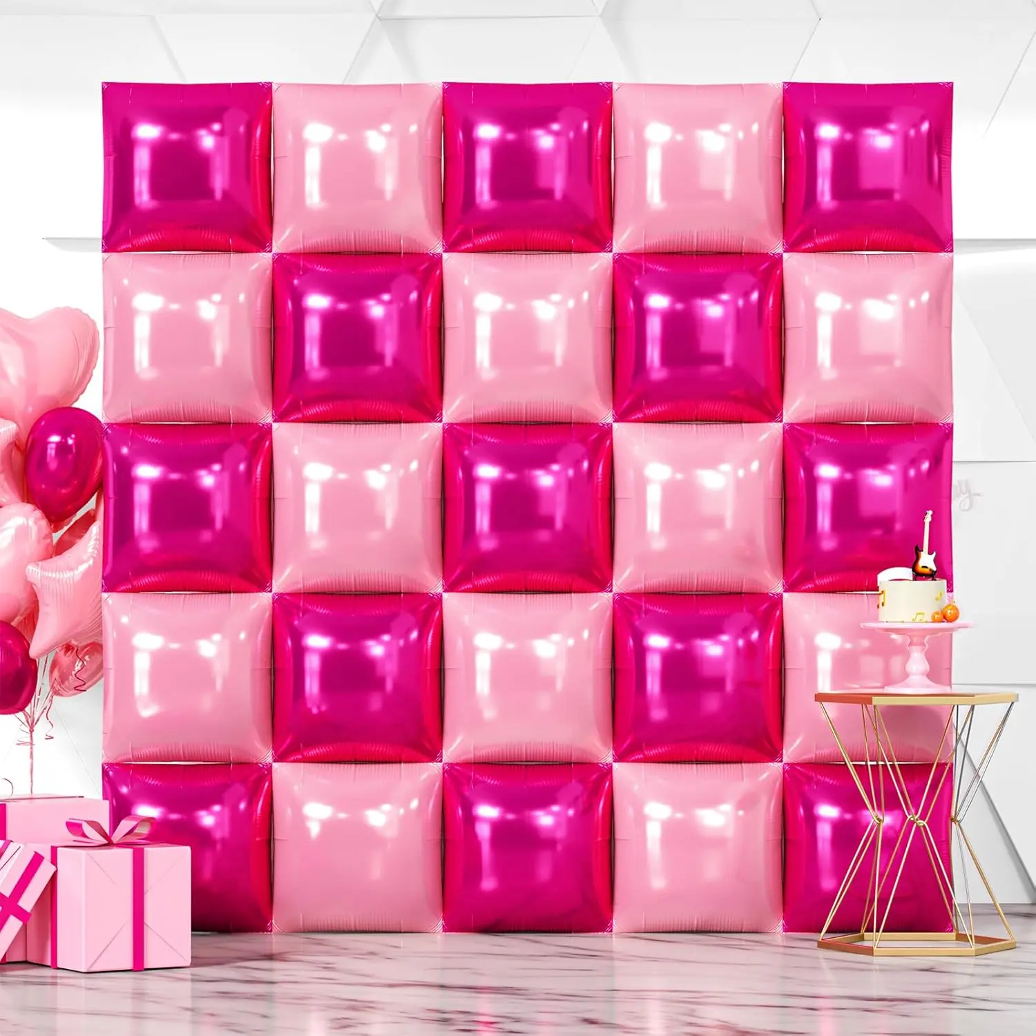 25-Pcs Hot Magenta Pink Square Foil Balloon Wall & Arch Kit for Valentine's & Bachelorette Parties