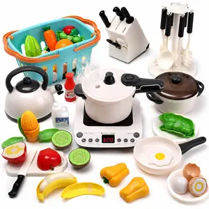 Cute Stone Pretend Play Kitchen Toy Set with Cookware, Steam Pressure Pot, Electronic Induction Cooktop, Cooking Utensils, and Cutting Food Fruits Vegetables summerwins