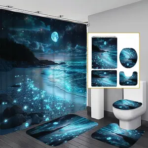 1/3/4PCS Night Glow Beach Shower Curtain Set, Waterproof Bathroom Curtain, 71x71 Inches, Includes Background Pattern, Comes with 12 Hooks, 1/3/4pcs Options