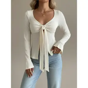 Women's knitted heart-shaped collar with pleated waistband, sexy slim fit long sleeved top, elegant and casual fashion spring/summer shirtRAIMENTRY